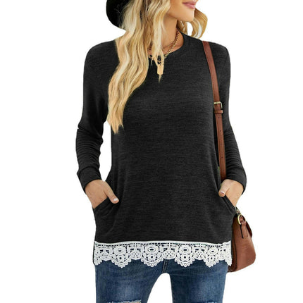 Women's Long Sleeve Tops Round Neck Shirts Tee with Pocket