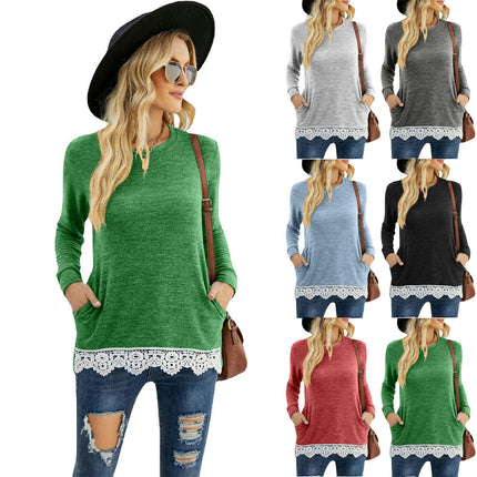 Women's Long Sleeve Tops Round Neck Shirts Tee with Pocket