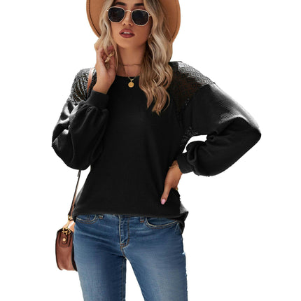 Women's Lace Long Sleeve Loose Tunics Round Neck Tops Shirts