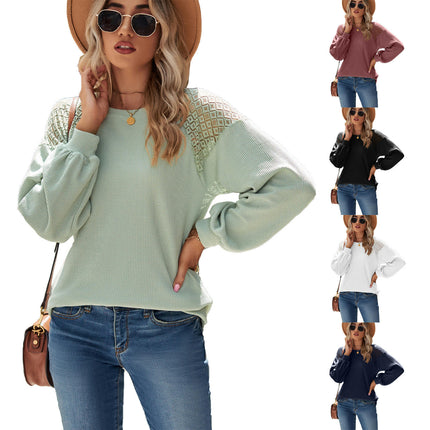 Women's Lace Long Sleeve Loose Tunics Round Neck Tops Shirts