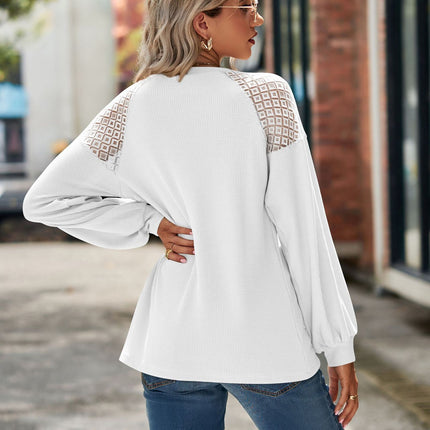 Women's Lace Long Sleeve Loose Tunics Round Neck Tops Shirts