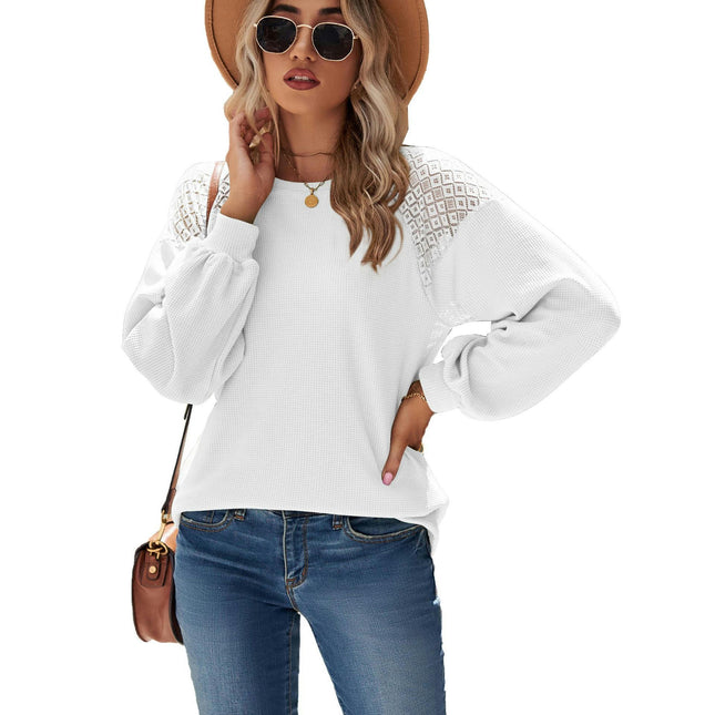 Women's Lace Long Sleeve Loose Tunics Round Neck Tops Shirts