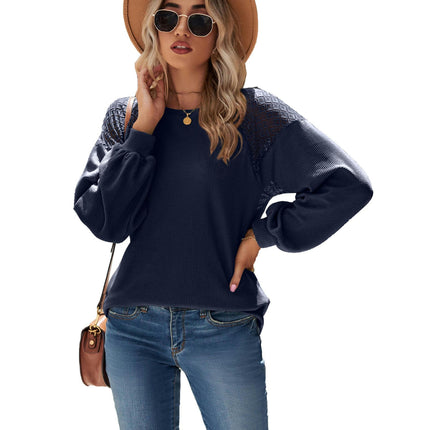 Women's Lace Long Sleeve Loose Tunics Round Neck Tops Shirts