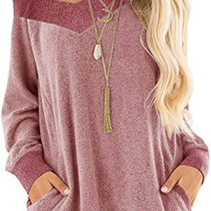 Women's V Neck Sweatshirts Color Block Long Sleeve Pocket Shirts Tops