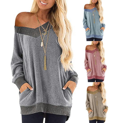 Women's V Neck Sweatshirts Color Block Long Sleeve Pocket Shirts Tops