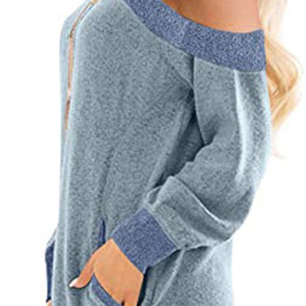 Women's V Neck Sweatshirts Color Block Long Sleeve Pocket Shirts Tops