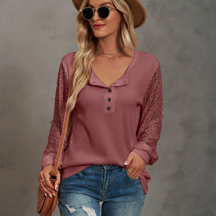 Women's Casual V Neck Tops Lace Long Sleeve Blouse Loose T-Shirts