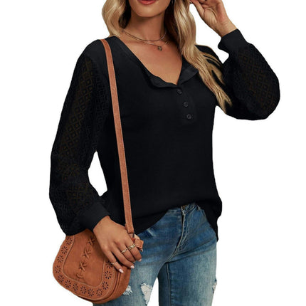 Women's Casual V Neck Tops Lace Long Sleeve Blouse Loose T-Shirts