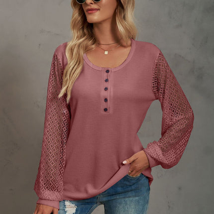 Women's Casual V Neck Tops Lace Long Sleeve Blouse Loose T-Shirts