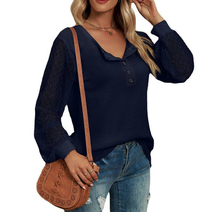 Women's Casual V Neck Tops Lace Long Sleeve Blouse Loose T-Shirts