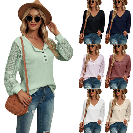 Women's Casual V Neck Tops Lace Long Sleeve Blouse Loose T-Shirts