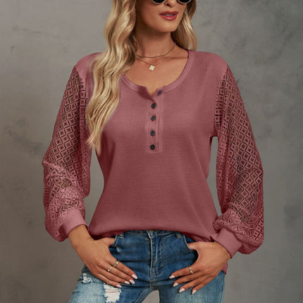 Women's Casual V Neck Tops Lace Long Sleeve Blouse Loose T-Shirts