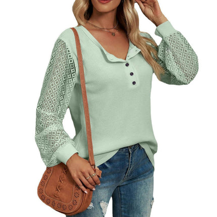 Women's Casual V Neck Tops Lace Long Sleeve Blouse Loose T-Shirts