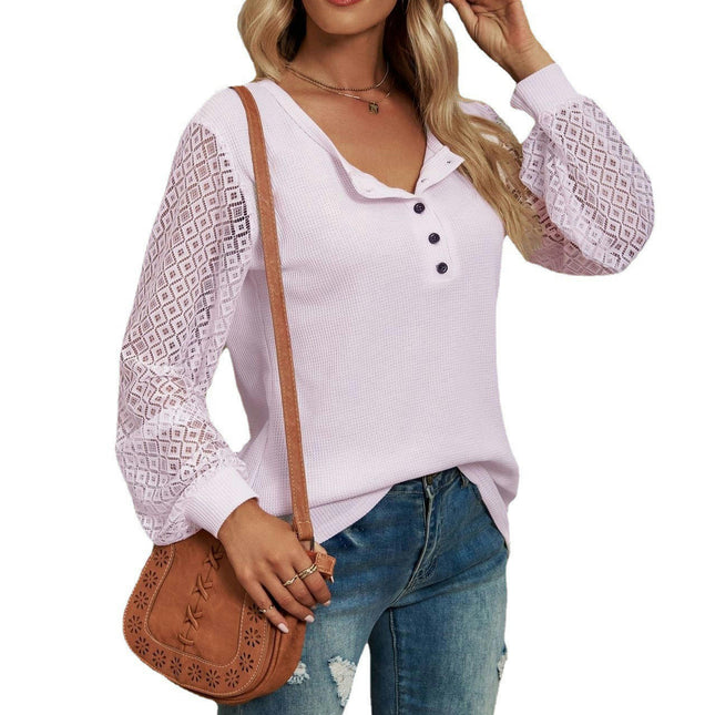 Women's Casual V Neck Tops Lace Long Sleeve Blouse Loose T-Shirts