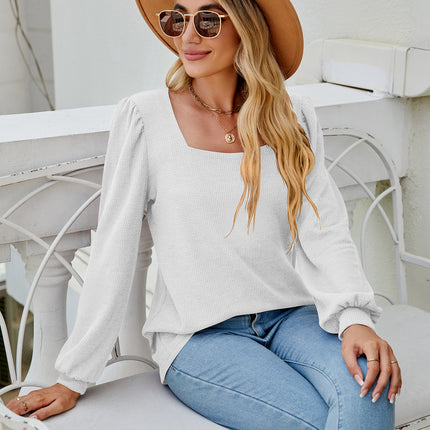 Women's Square Neck Puff Long Sleeve Tops Loose Blouse Casual Tunic T Shirts