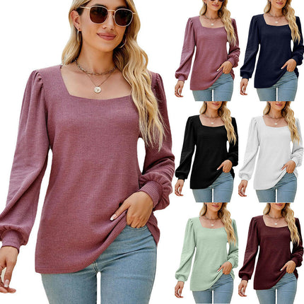 Women's Square Neck Puff Long Sleeve Tops Loose Blouse Casual Tunic T Shirts