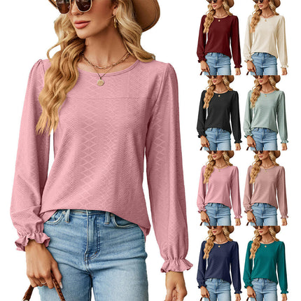 Women's Tops Crew Neck Shirts Puff Long Sleeve Casual Tshirts