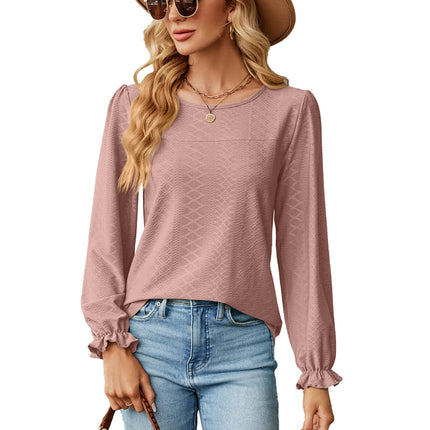 Women's Tops Crew Neck Shirts Puff Long Sleeve Casual Tshirts