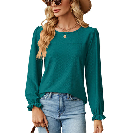 Women's Tops Crew Neck Shirts Puff Long Sleeve Casual Tshirts