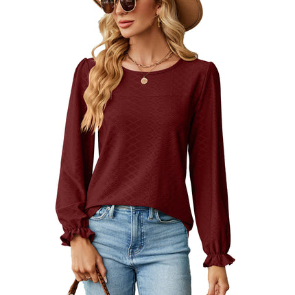 Women's Tops Crew Neck Shirts Puff Long Sleeve Casual Tshirts