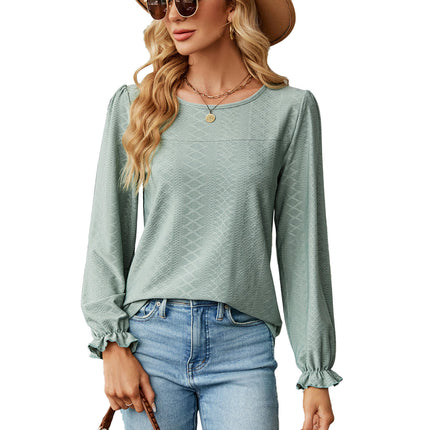 Women's Tops Crew Neck Shirts Puff Long Sleeve Casual Tshirts