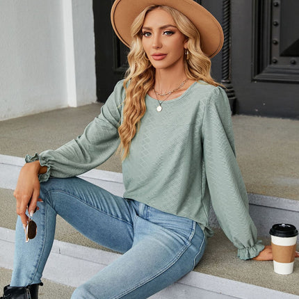 Women's Tops Crew Neck Shirts Puff Long Sleeve Casual Tshirts