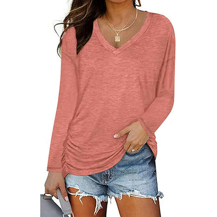 Women's Casual V Neck T Shirts Smocked Long Sleeve Tops Loose Tunic Blouses