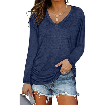 Women's Casual V Neck T Shirts Smocked Long Sleeve Tops Loose Tunic Blouses