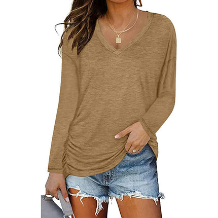 Women's Casual V Neck T Shirts Smocked Long Sleeve Tops Loose Tunic Blouses