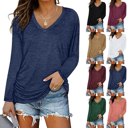 Women's Casual V Neck T Shirts Smocked Long Sleeve Tops Loose Tunic Blouses