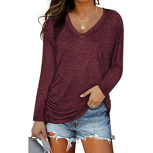 Women's Casual V Neck T Shirts Smocked Long Sleeve Tops Loose Tunic Blouses