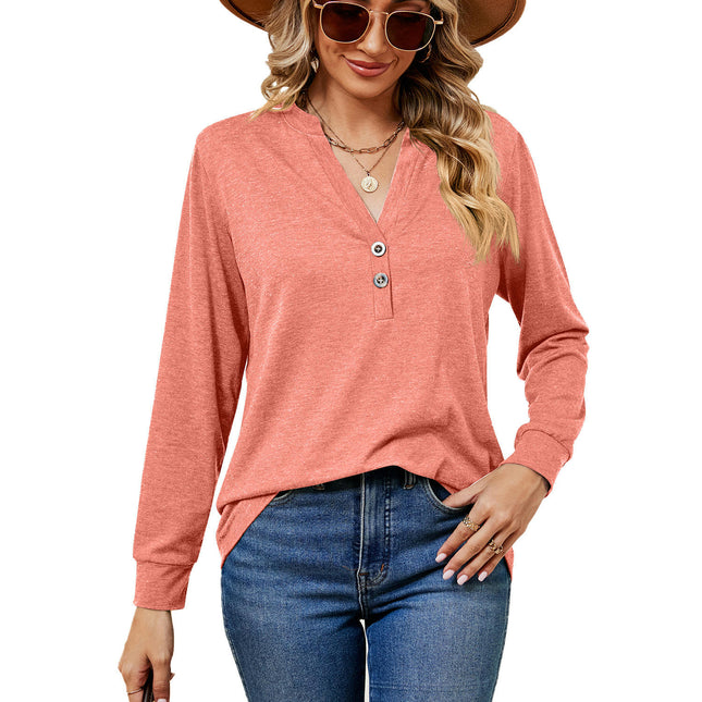 Women's Tops V Neck T-Shirts Button up Tunic Casual Long Sleeve Blouses