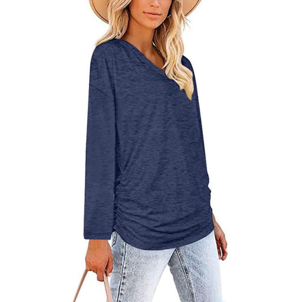 Women's Casual V Neck T Shirts Smocked Long Sleeve Tops Loose Tunic Blouses