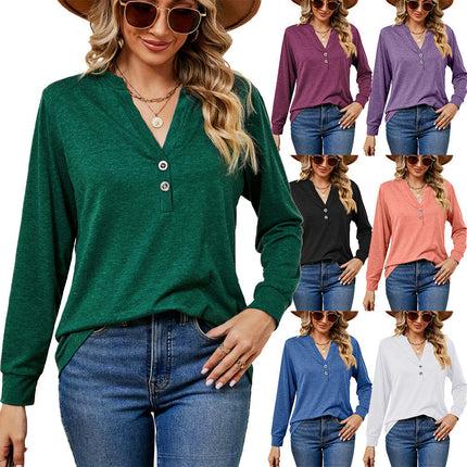 Women's Tops V Neck T-Shirts Button up Tunic Casual Long Sleeve Blouses