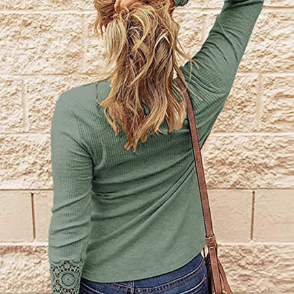 Women's Lace Long Sleeve V-Neck Button Tops Casual Blouse T Shirt