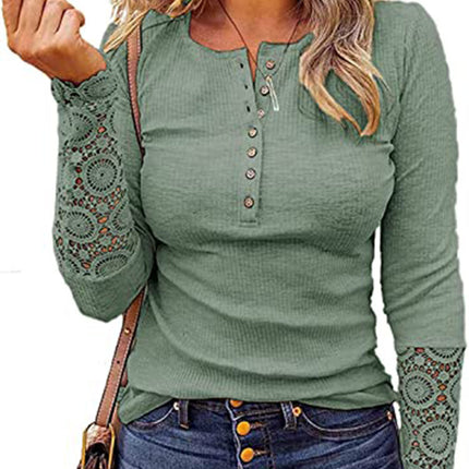 Women's Lace Long Sleeve V-Neck Button Tops Casual Blouse T Shirt