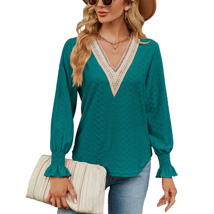 Women's Casual Lace V Neck T-Shirts Loose Puff Long Sleeve Tops Tunic Blouses