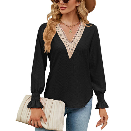 Women's Casual Lace V Neck T-Shirts Loose Puff Long Sleeve Tops Tunic Blouses