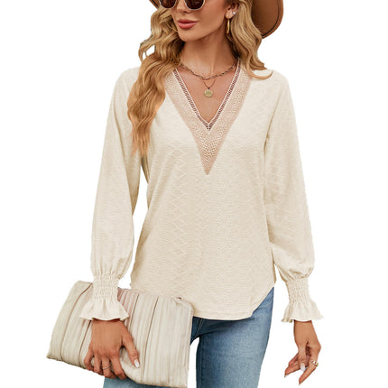 Women's Casual Lace V Neck T-Shirts Loose Puff Long Sleeve Tops Tunic Blouses