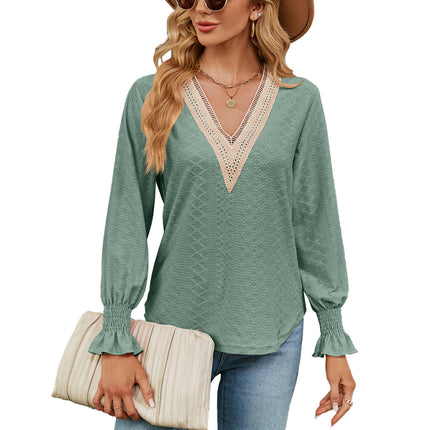 Women's Casual Lace V Neck T-Shirts Loose Puff Long Sleeve Tops Tunic Blouses