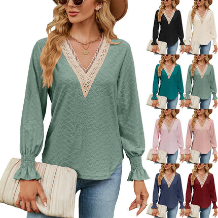 Women's Casual Lace V Neck T-Shirts Loose Puff Long Sleeve Tops Tunic Blouses