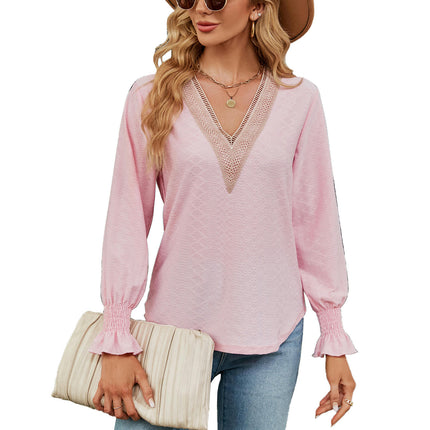 Women's Casual Lace V Neck T-Shirts Loose Puff Long Sleeve Tops Tunic Blouses