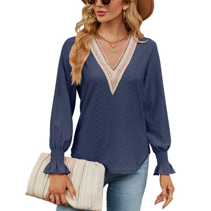 Women's Casual Lace V Neck T-Shirts Loose Puff Long Sleeve Tops Tunic Blouses