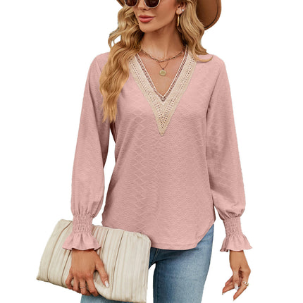 Women's Casual Lace V Neck T-Shirts Loose Puff Long Sleeve Tops Tunic Blouses