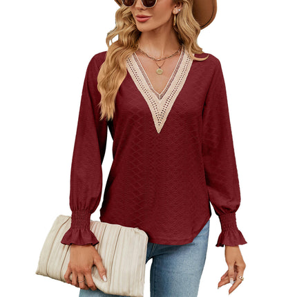 Women's Casual Lace V Neck T-Shirts Loose Puff Long Sleeve Tops Tunic Blouses