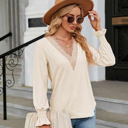 Women's Casual Lace V Neck T-Shirts Loose Puff Long Sleeve Tops Tunic Blouses