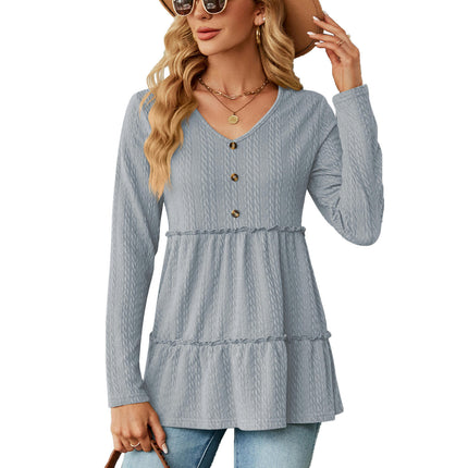 Women's Loose Long Sleeve Tunic Shirt V Neck Button Down Ruffle Hem Tops Blouse