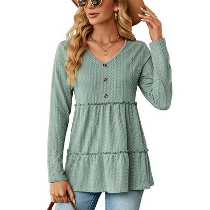 Women's Loose Long Sleeve Tunic Shirt V Neck Button Down Ruffle Hem Tops Blouse