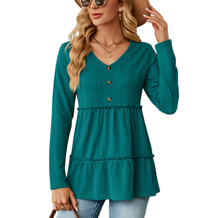 Women's Loose Long Sleeve Tunic Shirt V Neck Button Down Ruffle Hem Tops Blouse