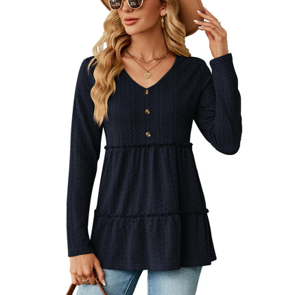 Women's Loose Long Sleeve Tunic Shirt V Neck Button Down Ruffle Hem Tops Blouse